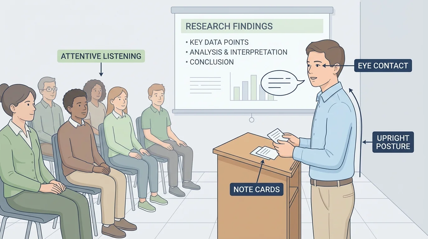 illustration of a student presenting with note cards, eye contact, upright posture, and audience listening
