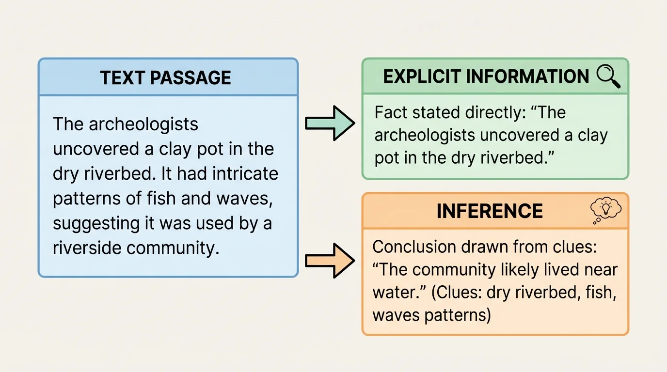 comparison chart showing one short passage, a box labeled explicit information with a direct fact from the passage, and a box labeled inference with a conclusion drawn from clues