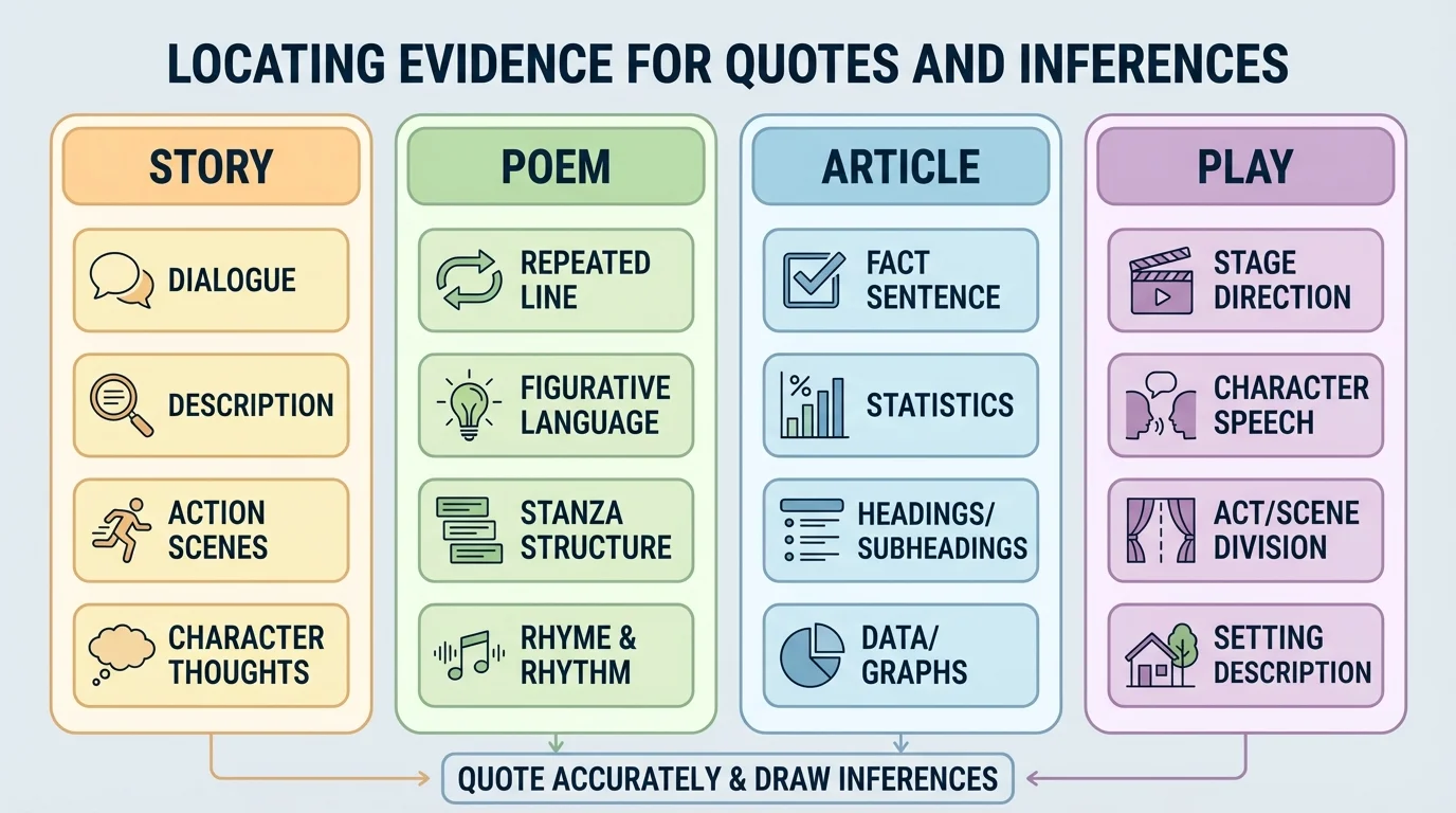 four-column chart labeled story, poem, article, and play with sample evidence locations such as dialogue, description, repeated line, fact sentence, and stage direction