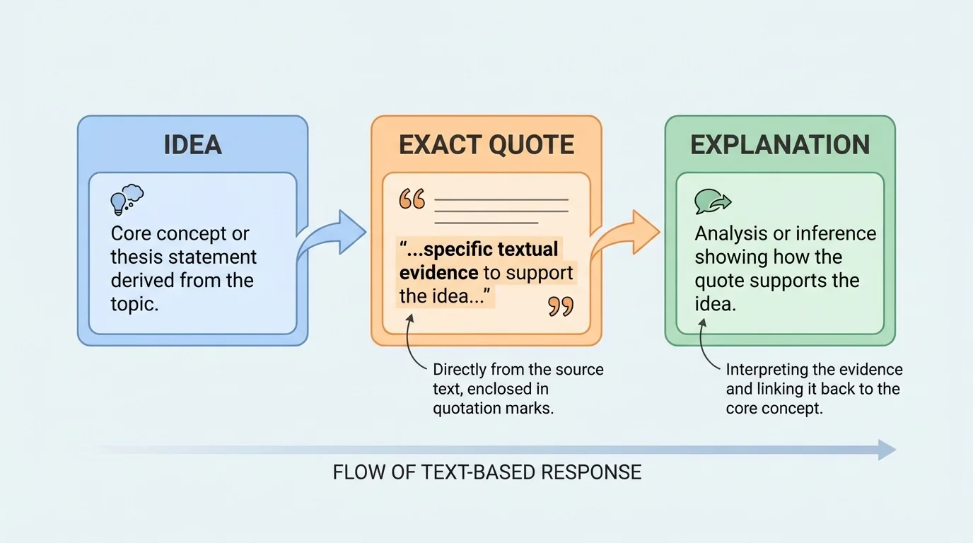 three connected boxes labeled idea, exact quote, and explanation, showing the structure of a text-based response