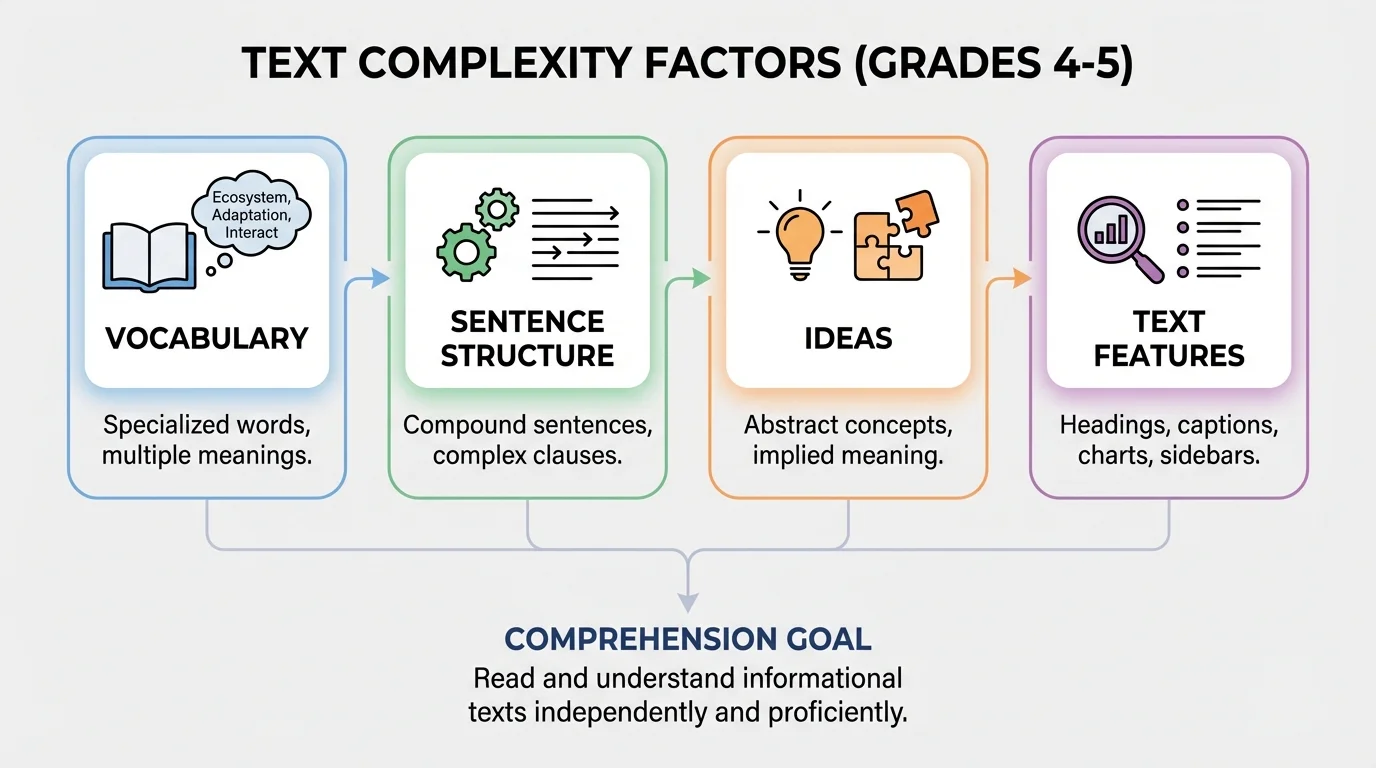 diagram showing four text complexity factors labeled vocabulary, sentence structure, ideas, and text features, each with a simple example note