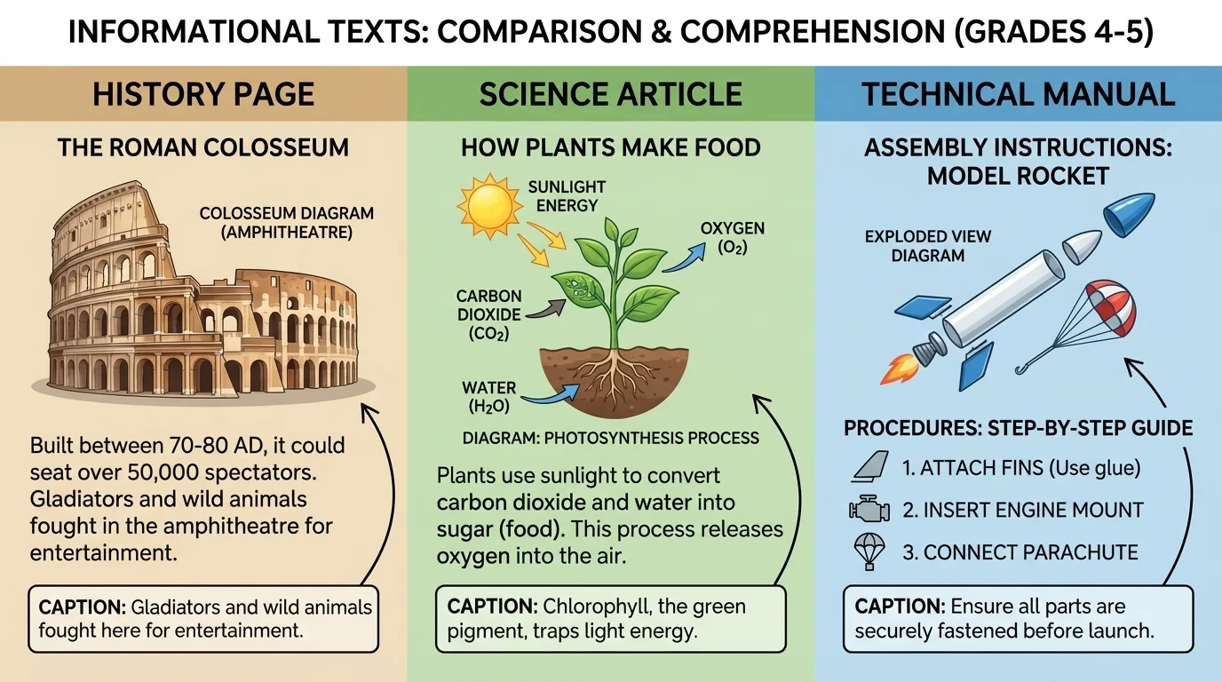 comparison chart showing a history page, science article, and technical manual with labels for headings, captions, diagrams, and procedures