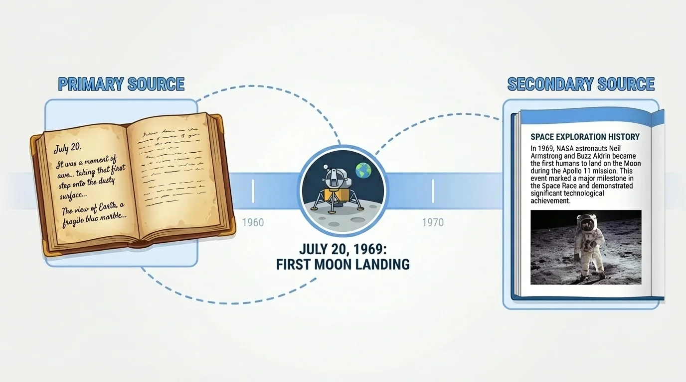timeline of a historical event with a diary entry labeled primary source and a textbook paragraph labeled secondary source connected to the event