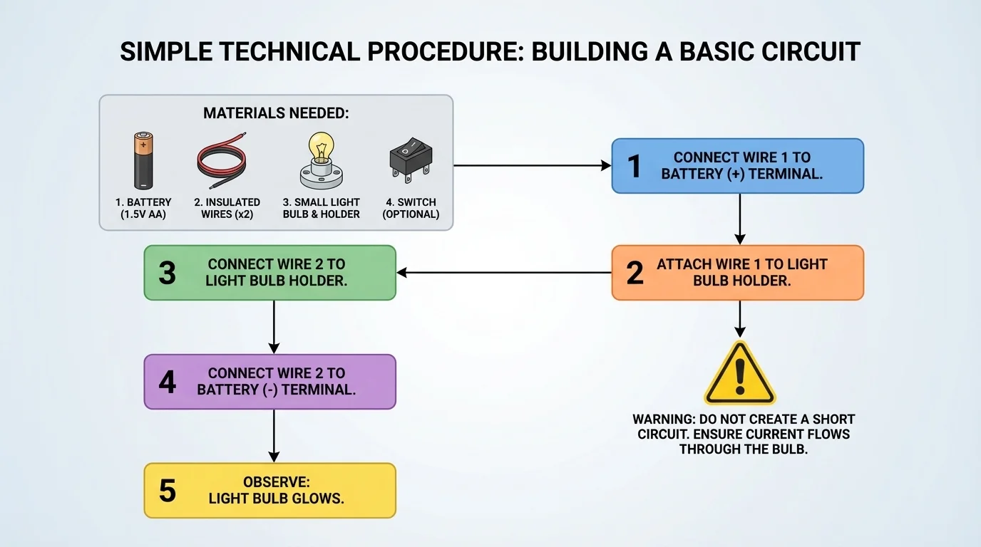 flowchart of a simple technical procedure with numbered steps, arrows, warning symbol, and labeled materials list