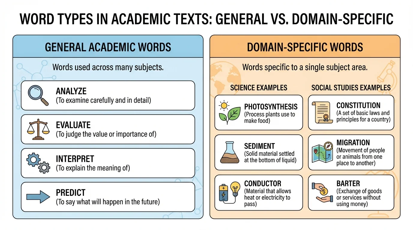 Chart comparing general academic words and domain-specific words with examples from science and social studies
