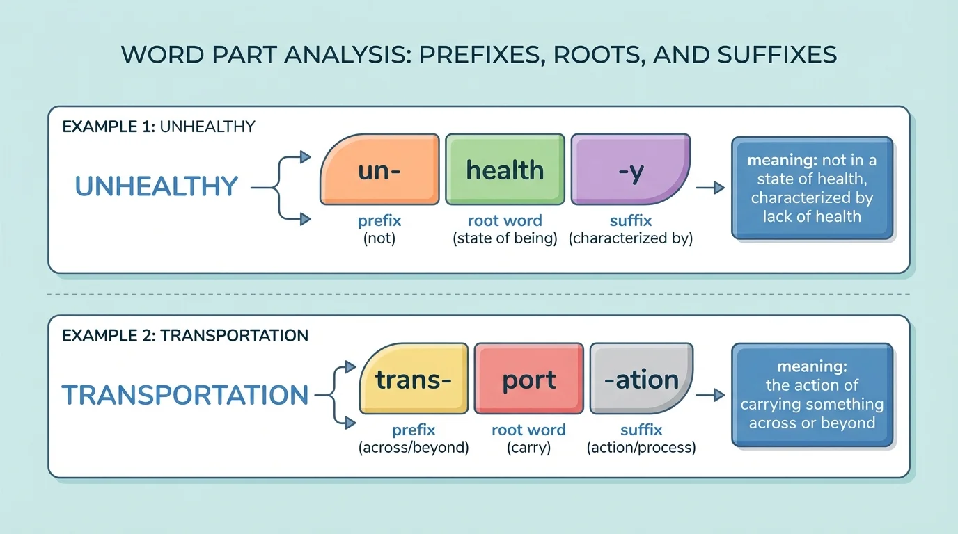 Diagram showing the word unhealthy split into un-, health, and -y, plus another example with transportation split into trans-, port, and -ation