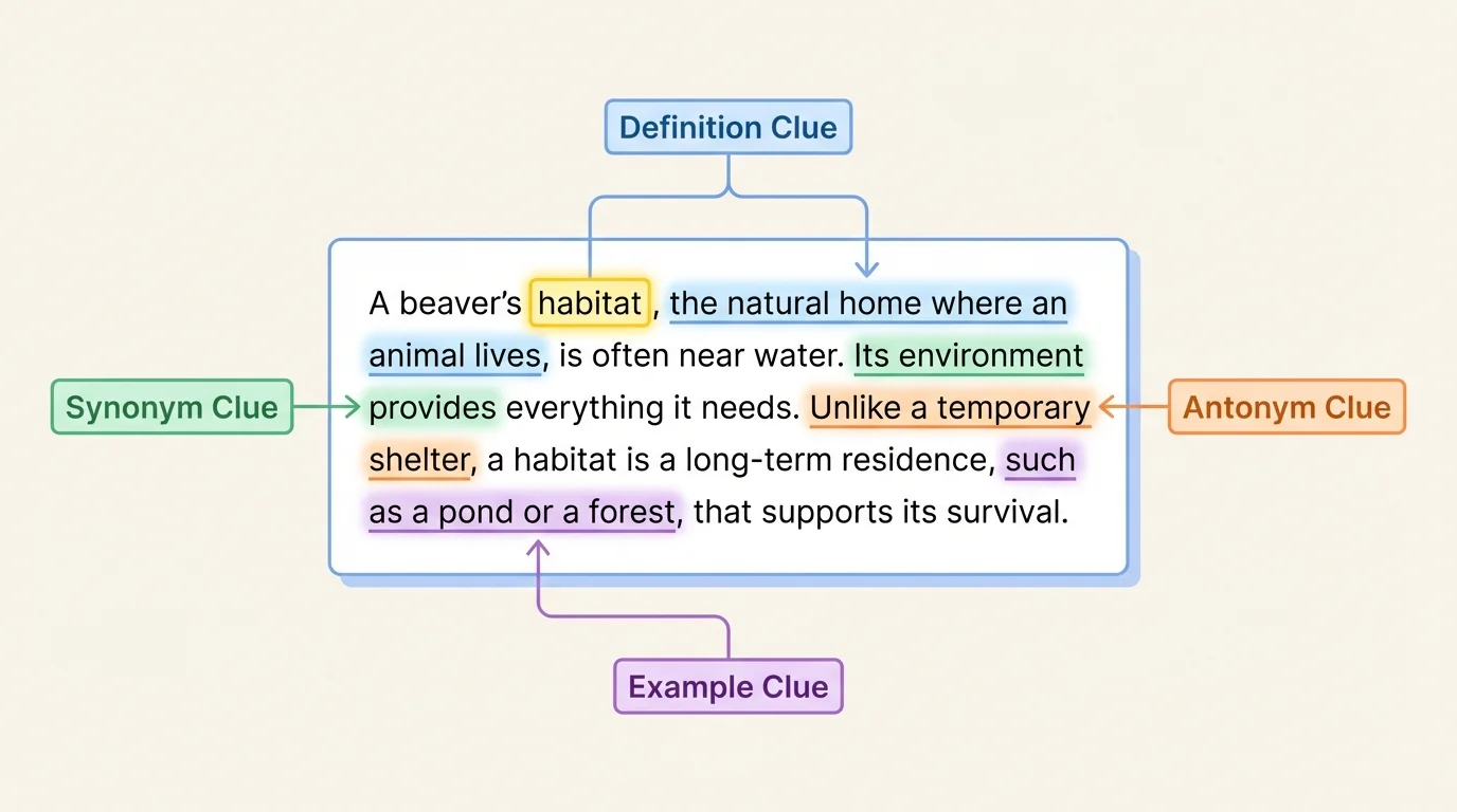 Diagram of an informational paragraph with highlighted definition, synonym, antonym, and example clues around an unknown word
