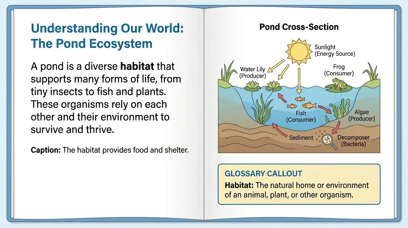 Illustration of a textbook page with heading, bold word, caption, labeled diagram, and glossary callout