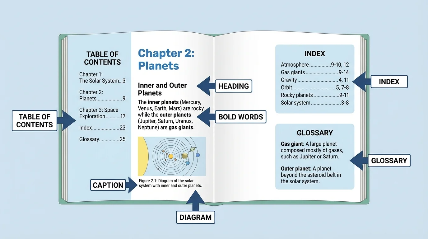 Labeled nonfiction book pages showing table of contents, headings, index, glossary, caption, and bold words