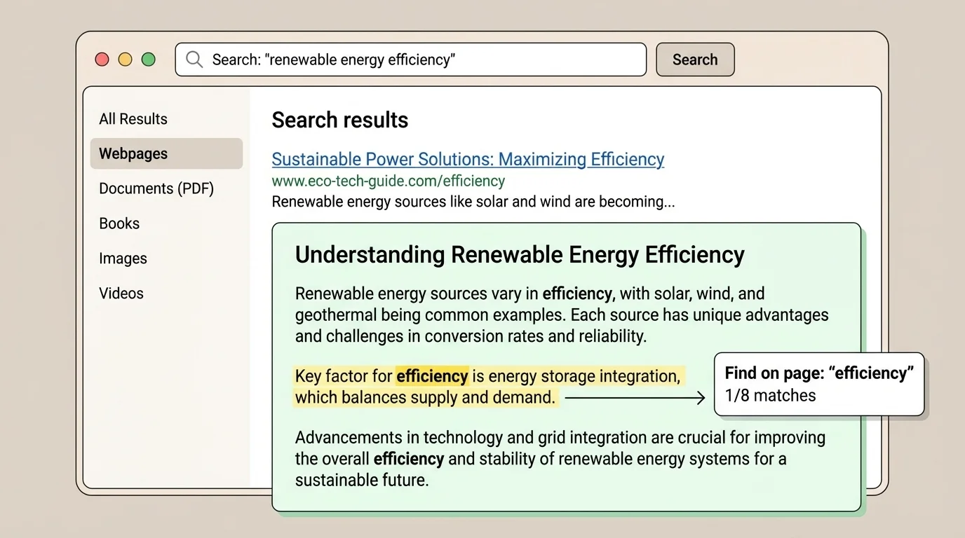 Computer screen with search bar, webpage headings, menu tabs, and highlighted find-on-page result