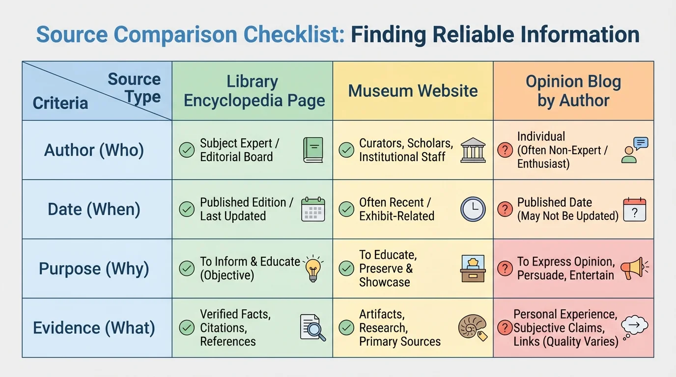 Simple checklist chart comparing a library encyclopedia page, a museum website, and an opinion blog by author, date, purpose, and evidence