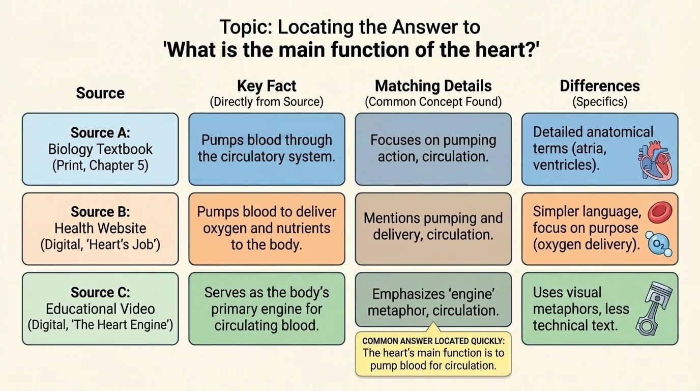 Three-source comparison chart with columns for source, key fact, matching details, and differences