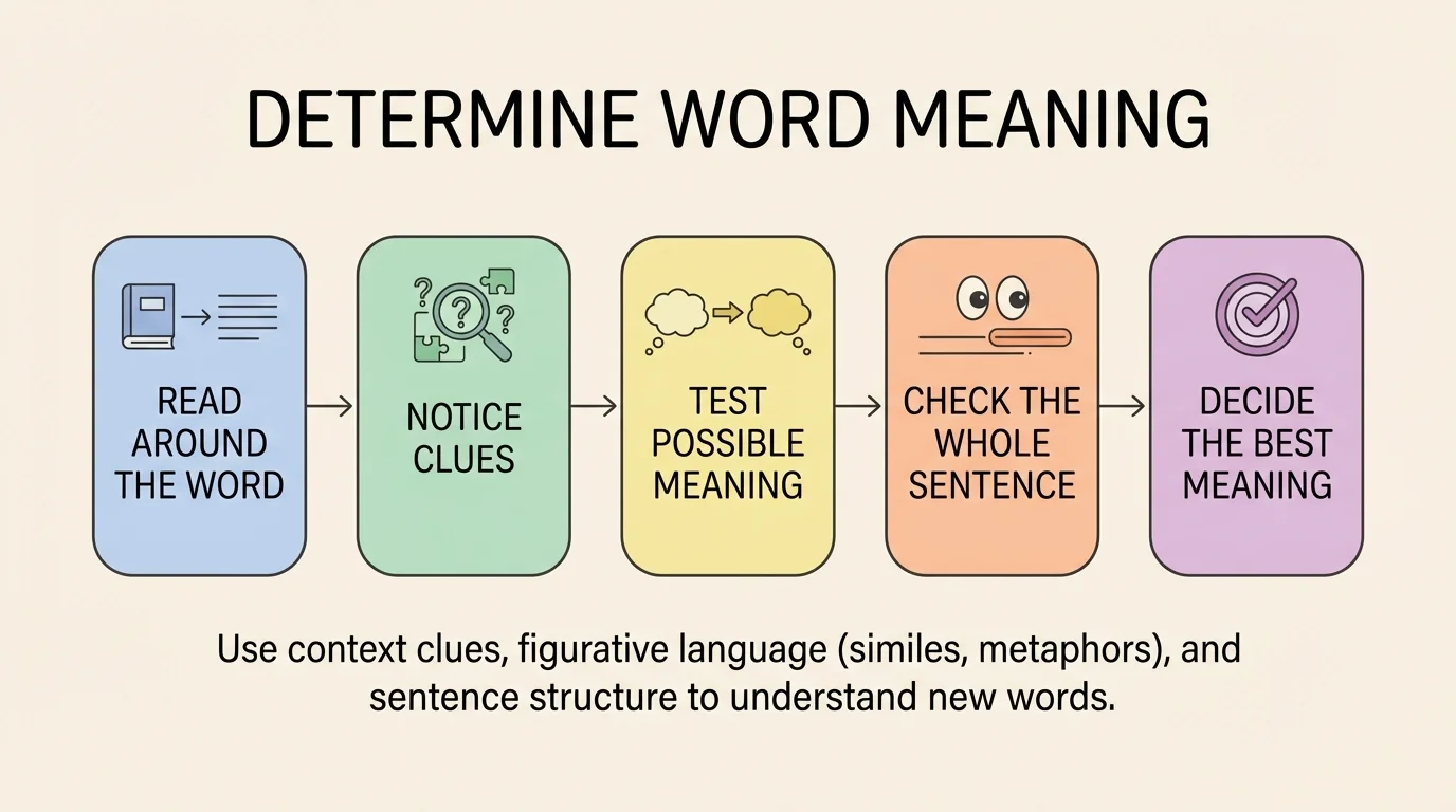 flowchart with steps read around the word, notice clues, test possible meaning, check the whole sentence, and decide the best meaning