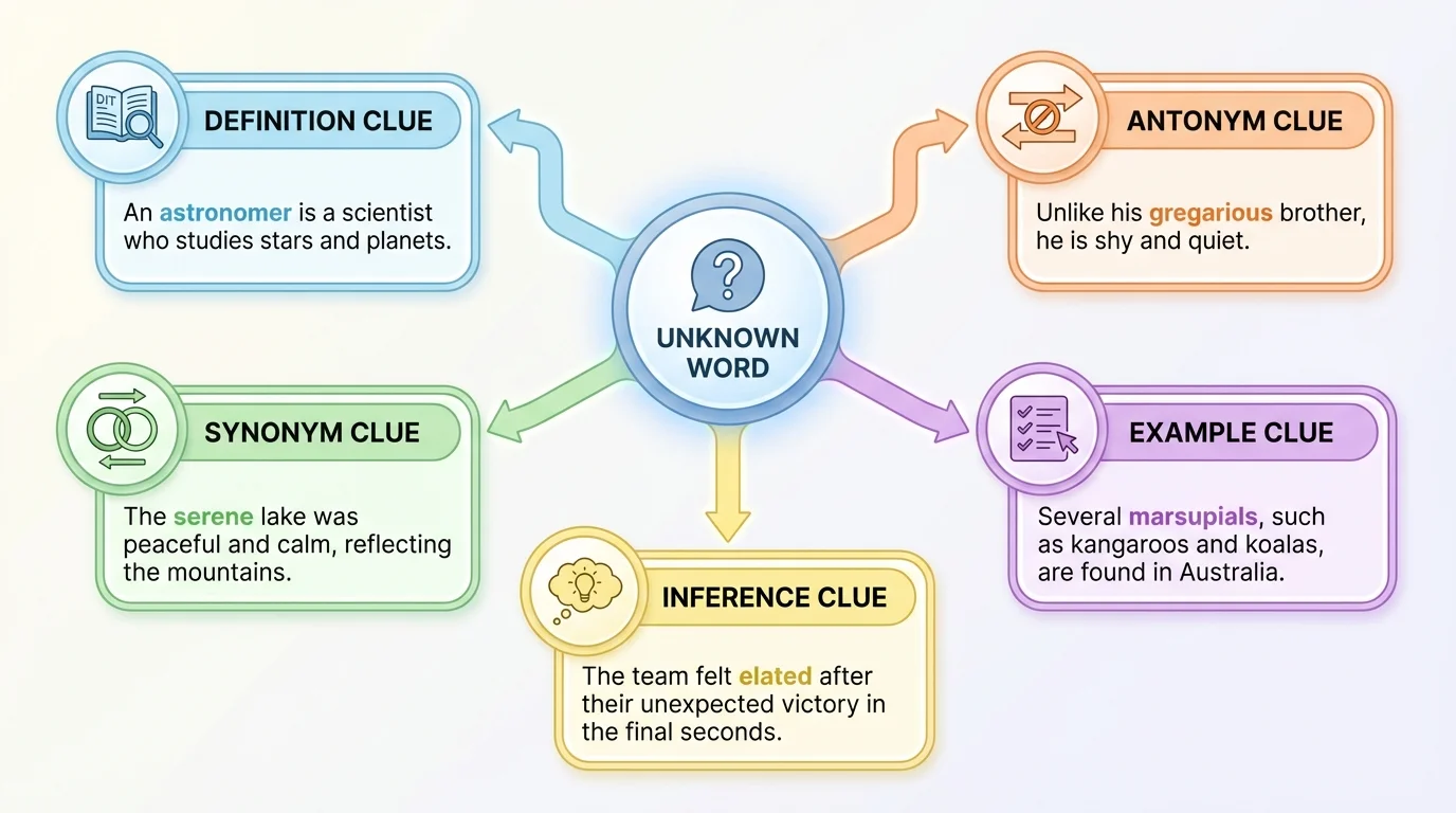 chart showing an unknown word in the center with branches for definition clue, synonym clue, antonym clue, example clue, and inference clue, each with a short sample sentence