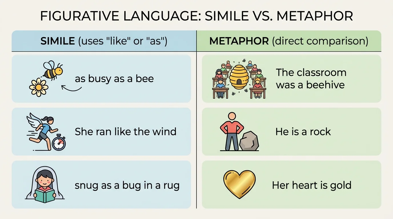 comparison chart with two columns labeled simile and metaphor, showing examples such as as busy as a bee and the classroom was a beehive with simple matching illustrations