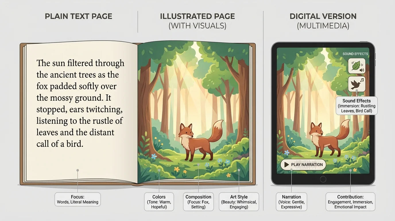 Three-part comparison showing the same folktale scene as plain text page, illustrated page with bright forest colors, and digital version with narration and sound effects