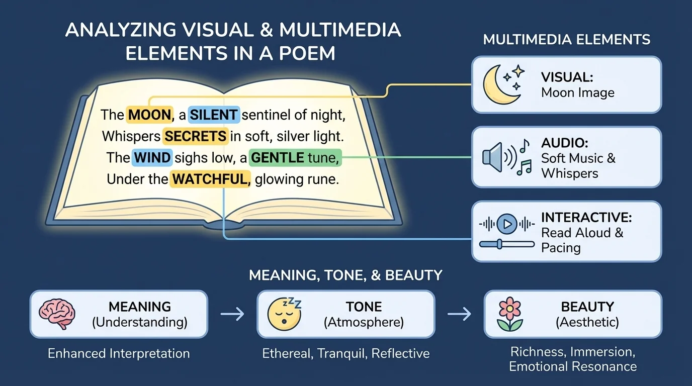 Screen-style layout of a poem being read aloud with soft music icons, dark blue background, moon image, and highlighted words