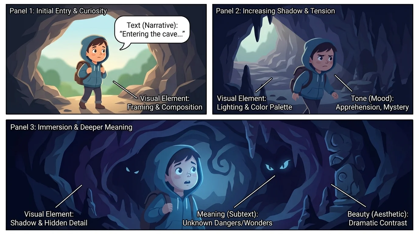 Three-panel graphic novel scene of a child entering a dark cave, with changing facial expressions, larger final panel, and shadowy background details