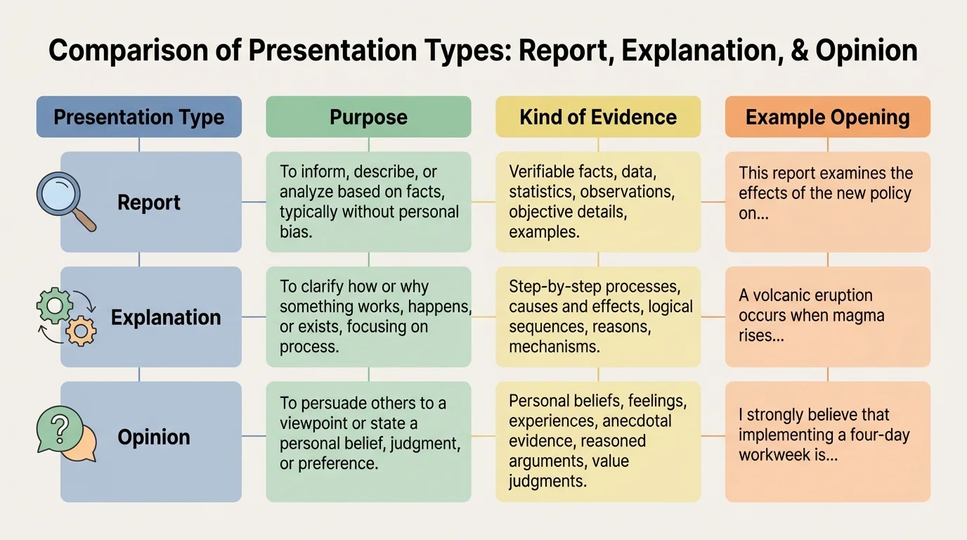chart comparing report, explanation, and opinion presentation types with columns for purpose, kind of evidence, and example opening