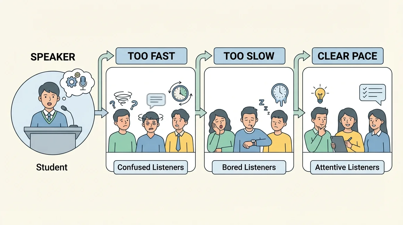 illustration of one student speaker with three audience reactions in separate panels labeled too fast, too slow, and clear pace, showing confused, bored, and attentive listeners