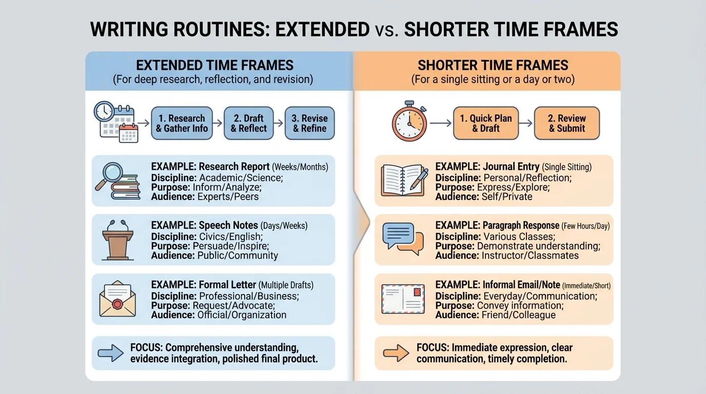 side-by-side chart comparing extended time frame writing and shorter time frame writing with examples such as report, journal entry, paragraph response, speech notes, and letter
