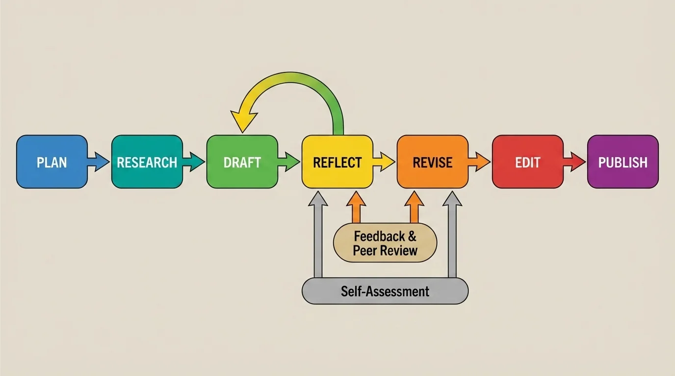 flowchart of the longer writing process with boxes labeled plan, research, draft, reflect, revise, edit, and publish