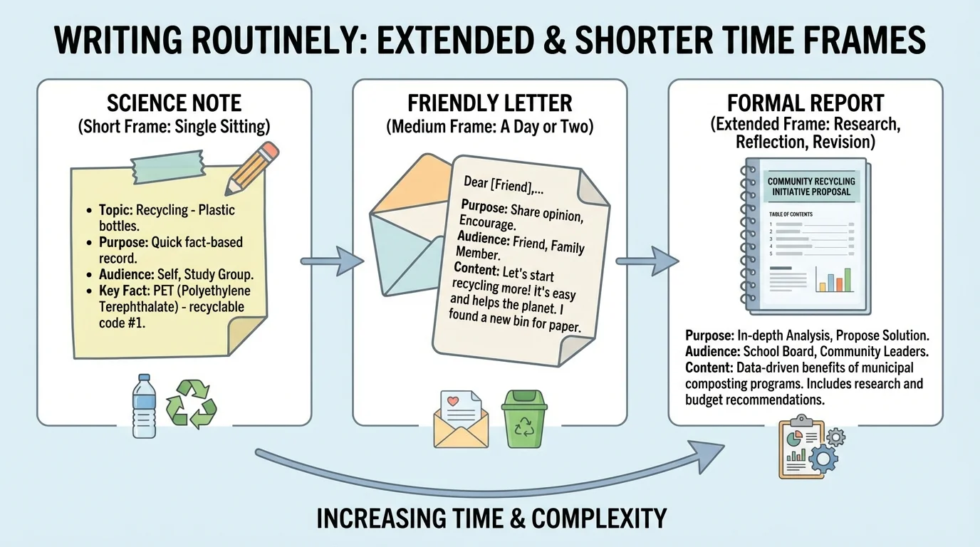 one topic such as recycling adapted into three forms: science note, friendly letter, and formal report, showing differences in audience, purpose, and tone