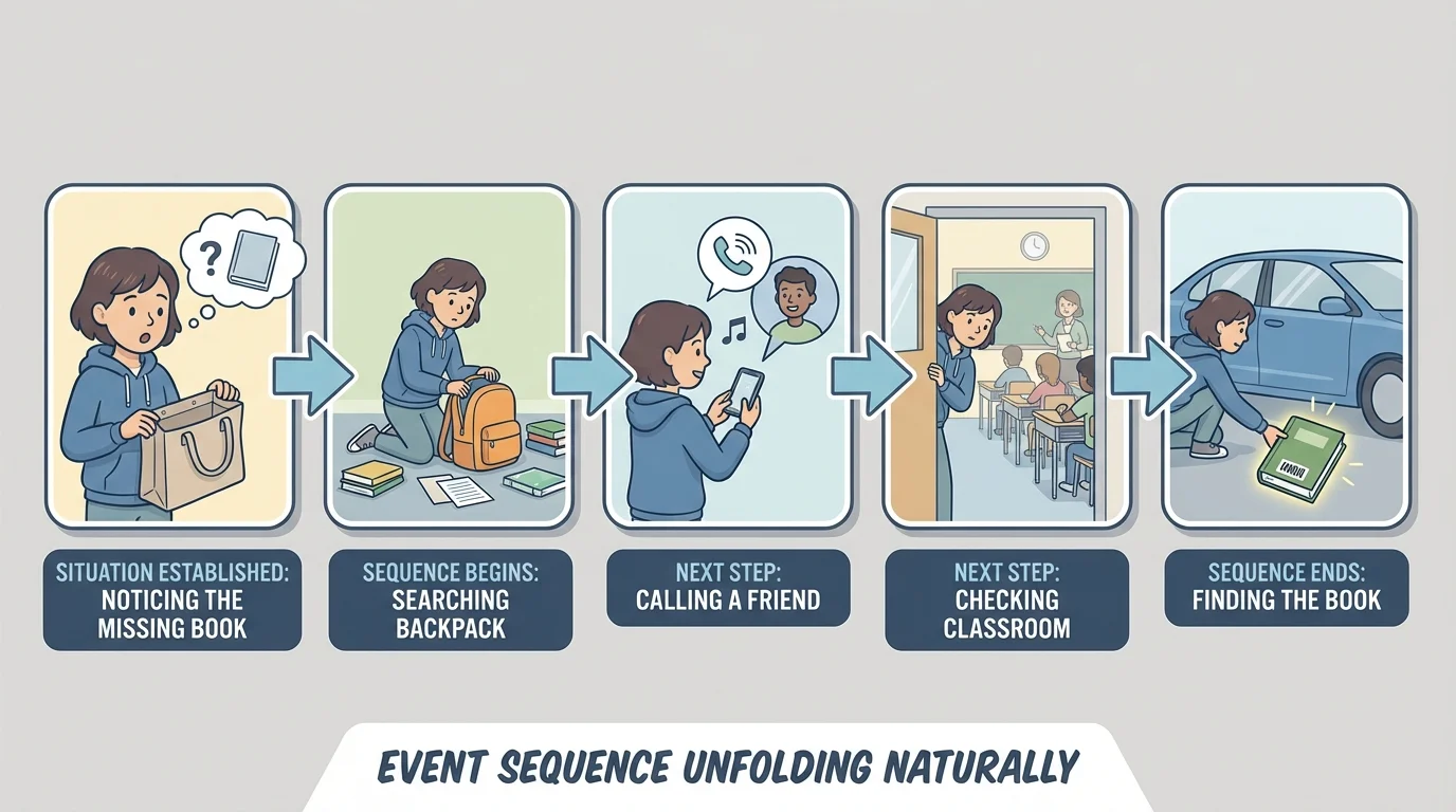 event sequence of a lost library book story with boxes and arrows from noticing the missing book to searching backpack, calling a friend, checking classroom, and finding the book under a car seat