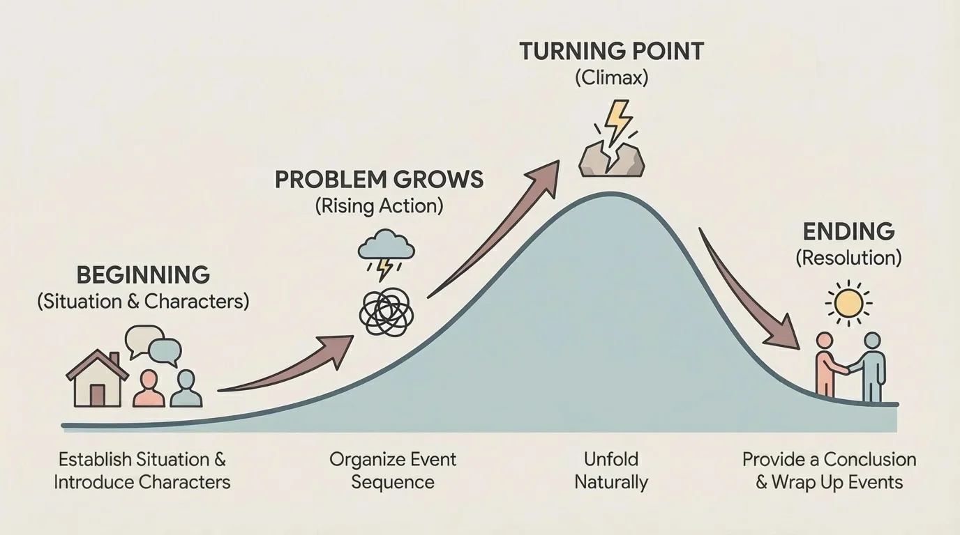 simple narrative arc labeled beginning, problem grows, turning point, and ending with arrows showing progression
