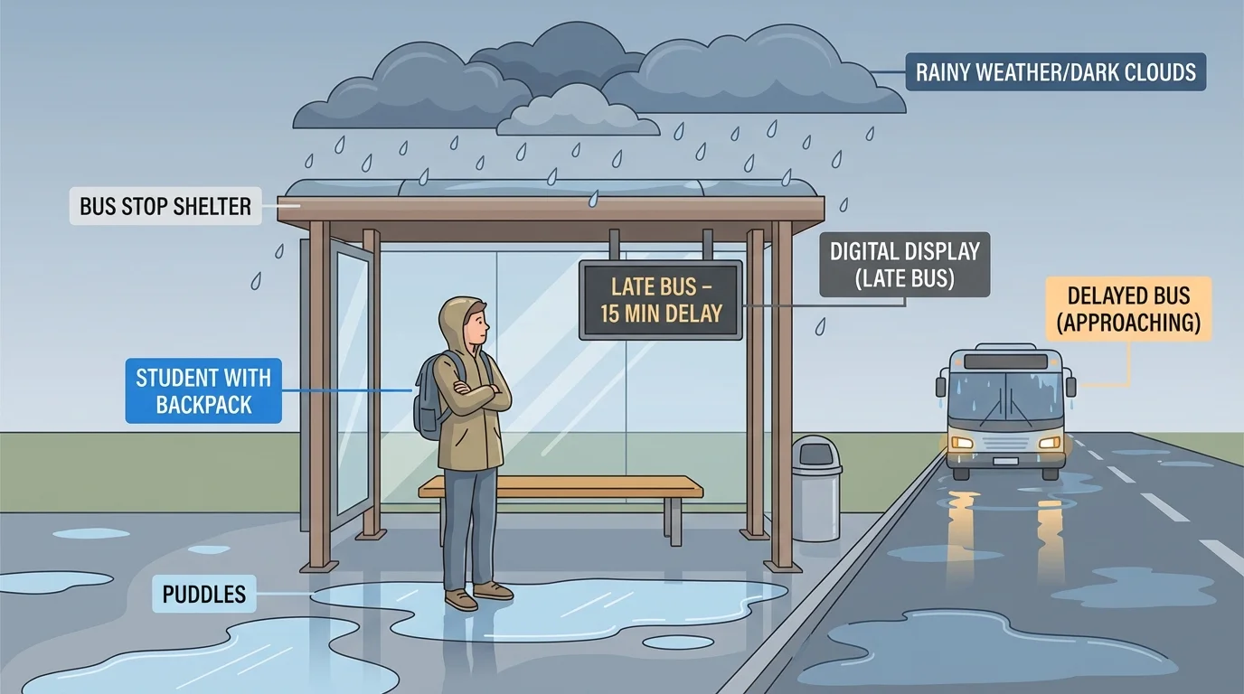 student at a rainy bus stop with backpack, dark clouds, puddles, and a late bus sign to show place, time, mood, and situation