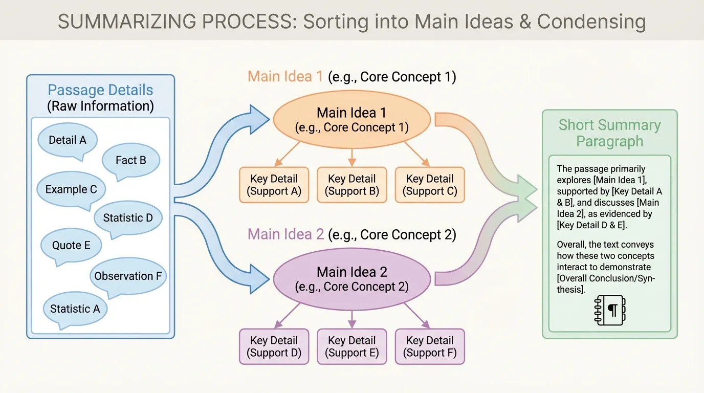 flowchart showing passage details being sorted into main ideas and then condensed into a short summary paragraph