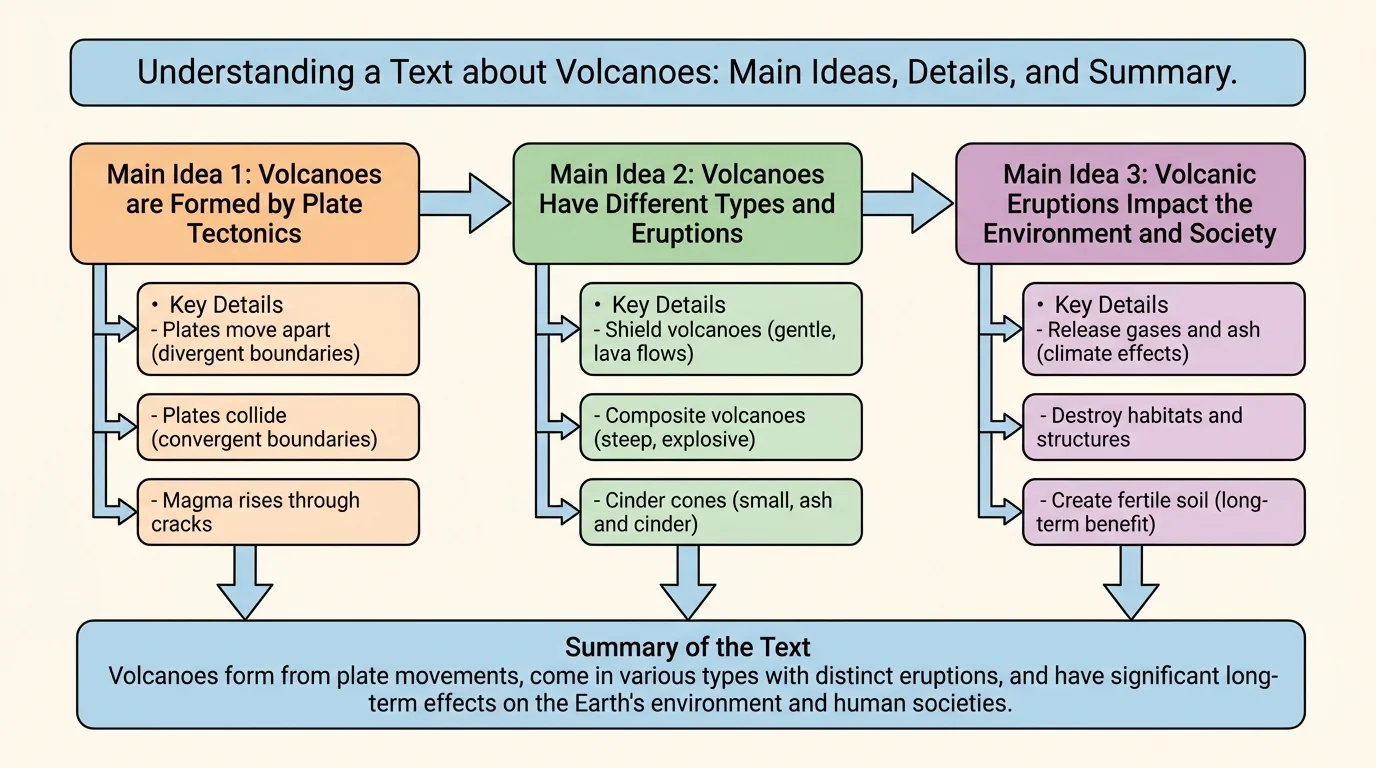 flowchart of an article about volcanoes with title at top and three section boxes showing different main ideas