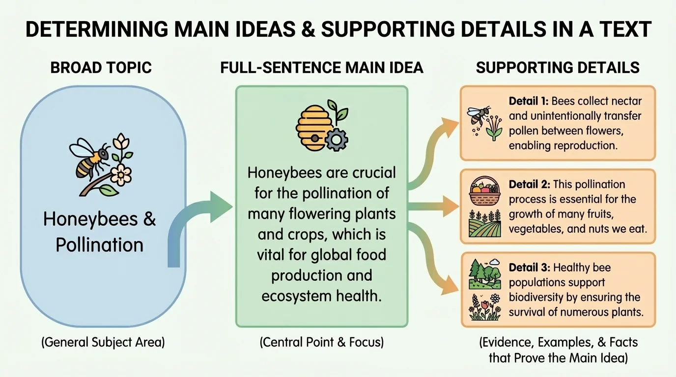 chart comparing a broad topic, a full-sentence main idea, and several supporting details from a short article about bees