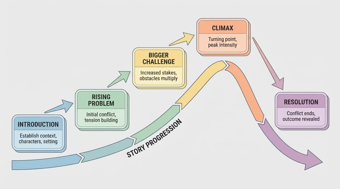 Story arc with five chapter boxes labeled introduction, rising problem, bigger challenge, climax, resolution connected by arrows
