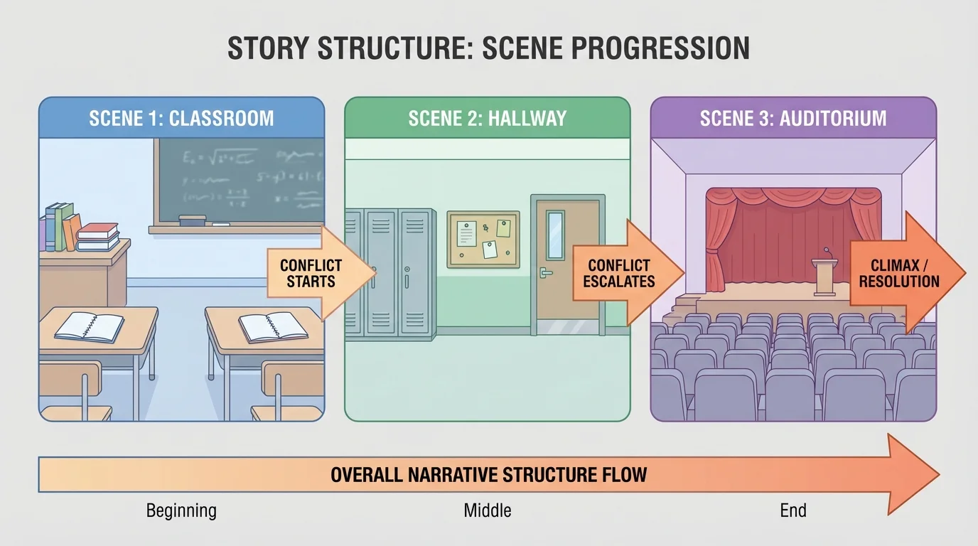 Stage diagram with three scenes in different settings, labeled classroom, hallway, auditorium, with arrows showing conflict growing across scenes