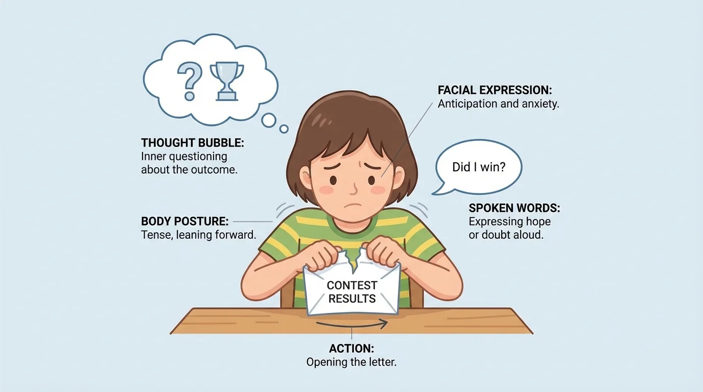 child opening a contest-results letter with concise labels for thought bubble, facial expression, body posture, spoken words, and action