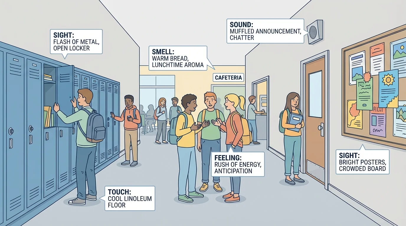 school hallway scene with concise labels showing sensory details for sight, sound, smell, touch, and feeling