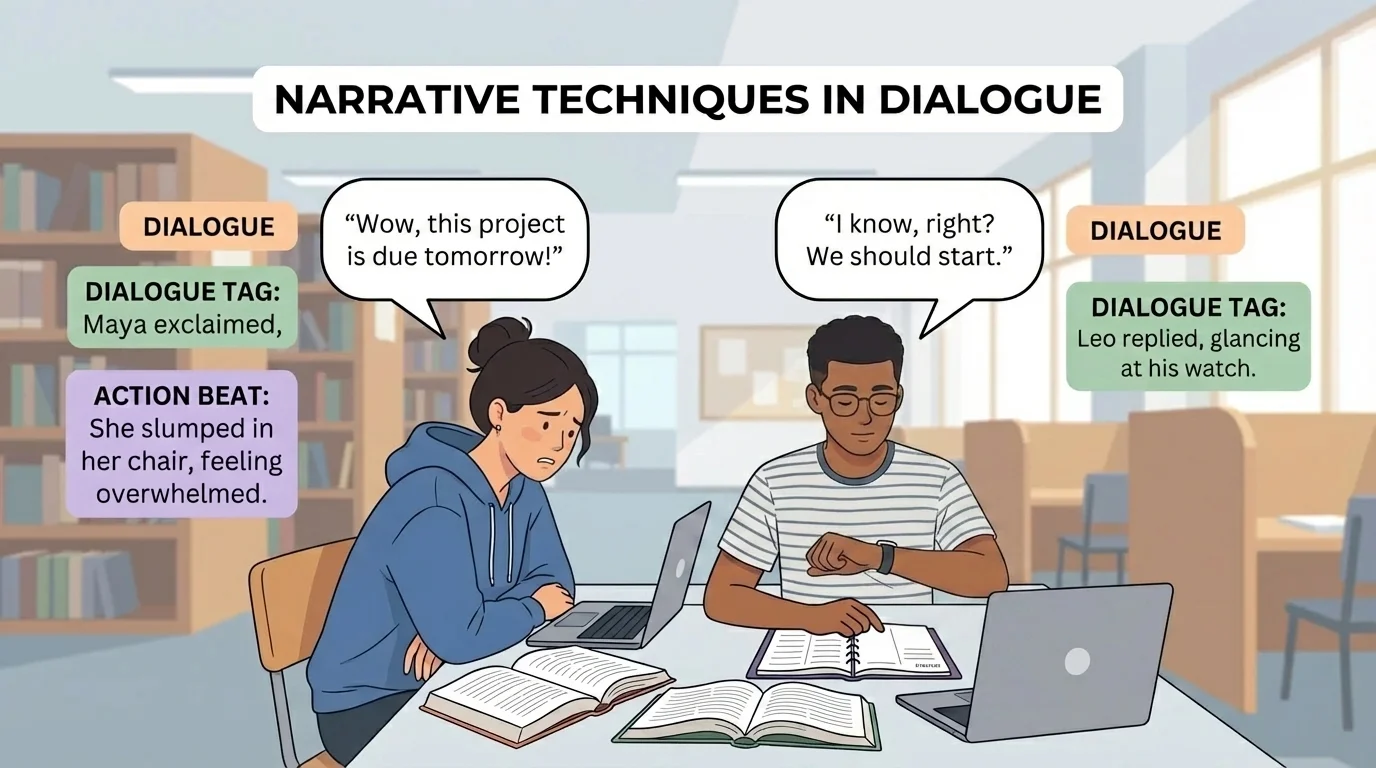 student conversation with short labels for spoken words inside quotation marks, a dialogue tag, and an action beat beside the speech