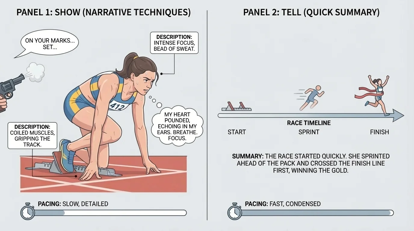 two-panel comparison of one runner at the starting line shown in detailed slow-motion on one side and a quick summary of the race on the other