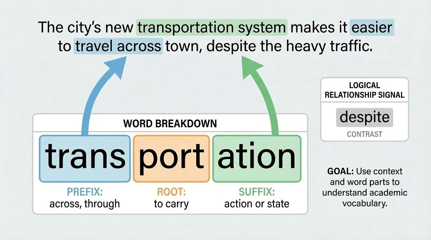 diagram of the word transportation split into trans, port, and ation with arrows to meaning clues from a sample sentence