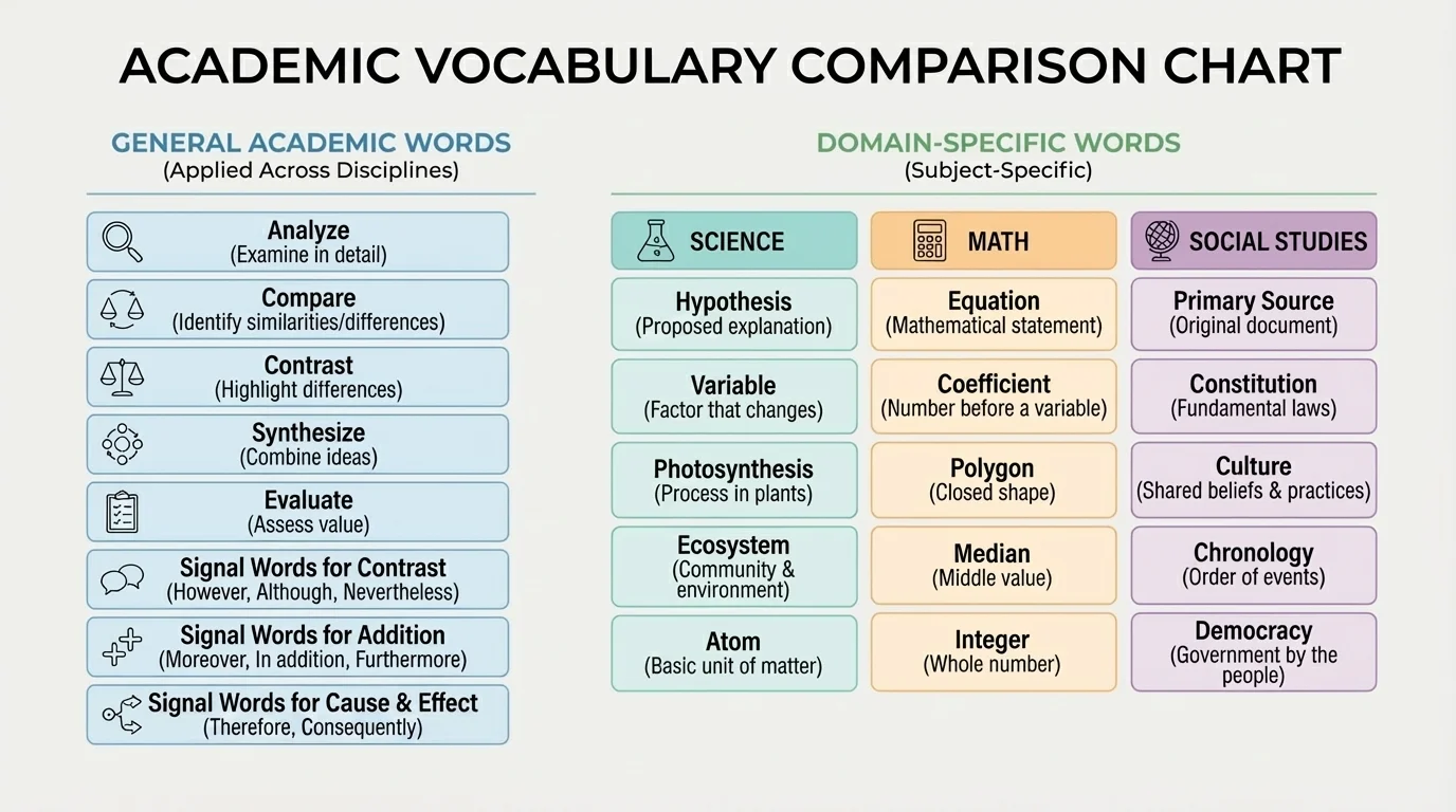 chart comparing general academic words such as analyze and compare with domain-specific words from science, math, and social studies