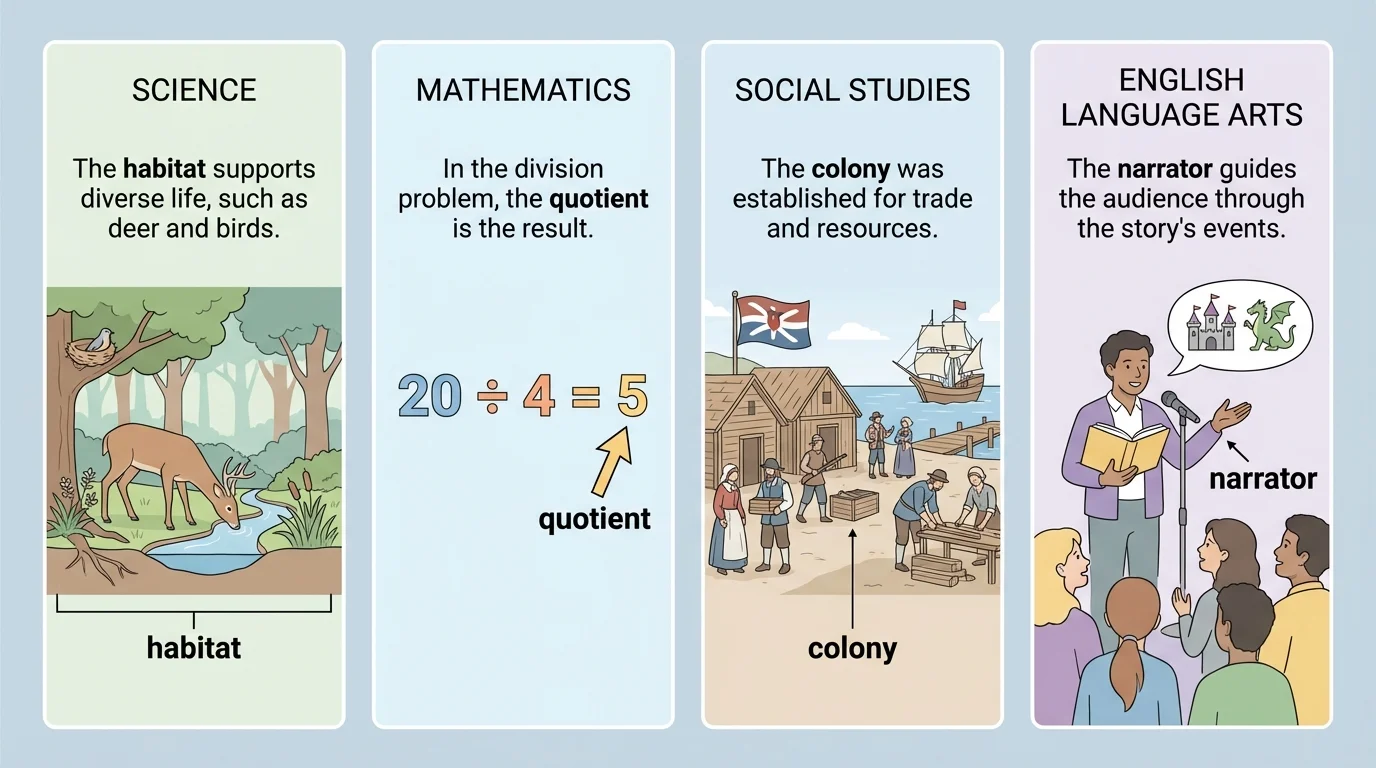illustration of four classroom subject panels showing domain-specific words in use: habitat, quotient, colony, and narrator