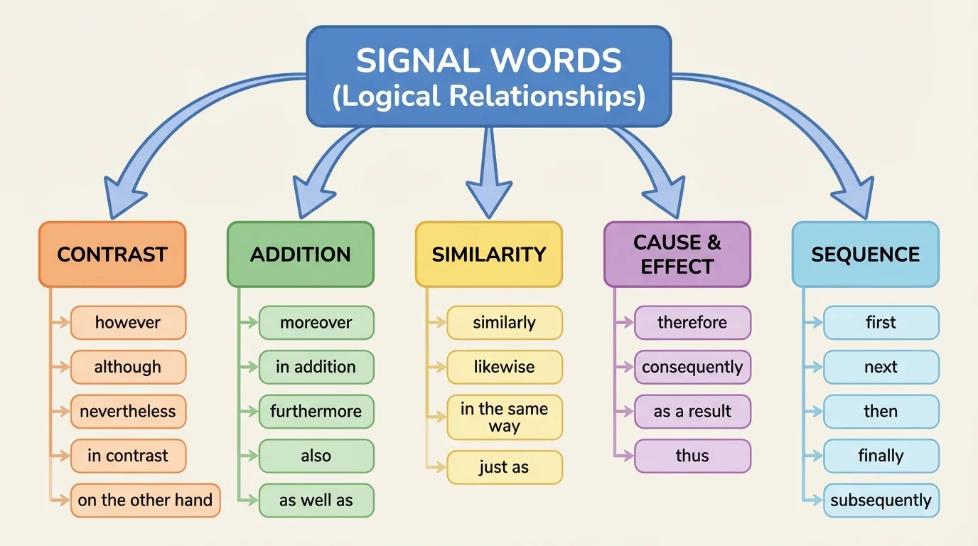 flowchart grouping signal words into contrast, addition, similarity, cause and effect, and sequence with example connectors under each group