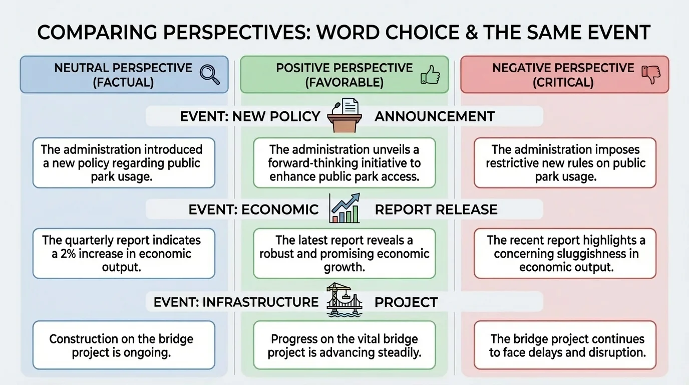 chart comparing neutral, positive, and negative word choices for the same event