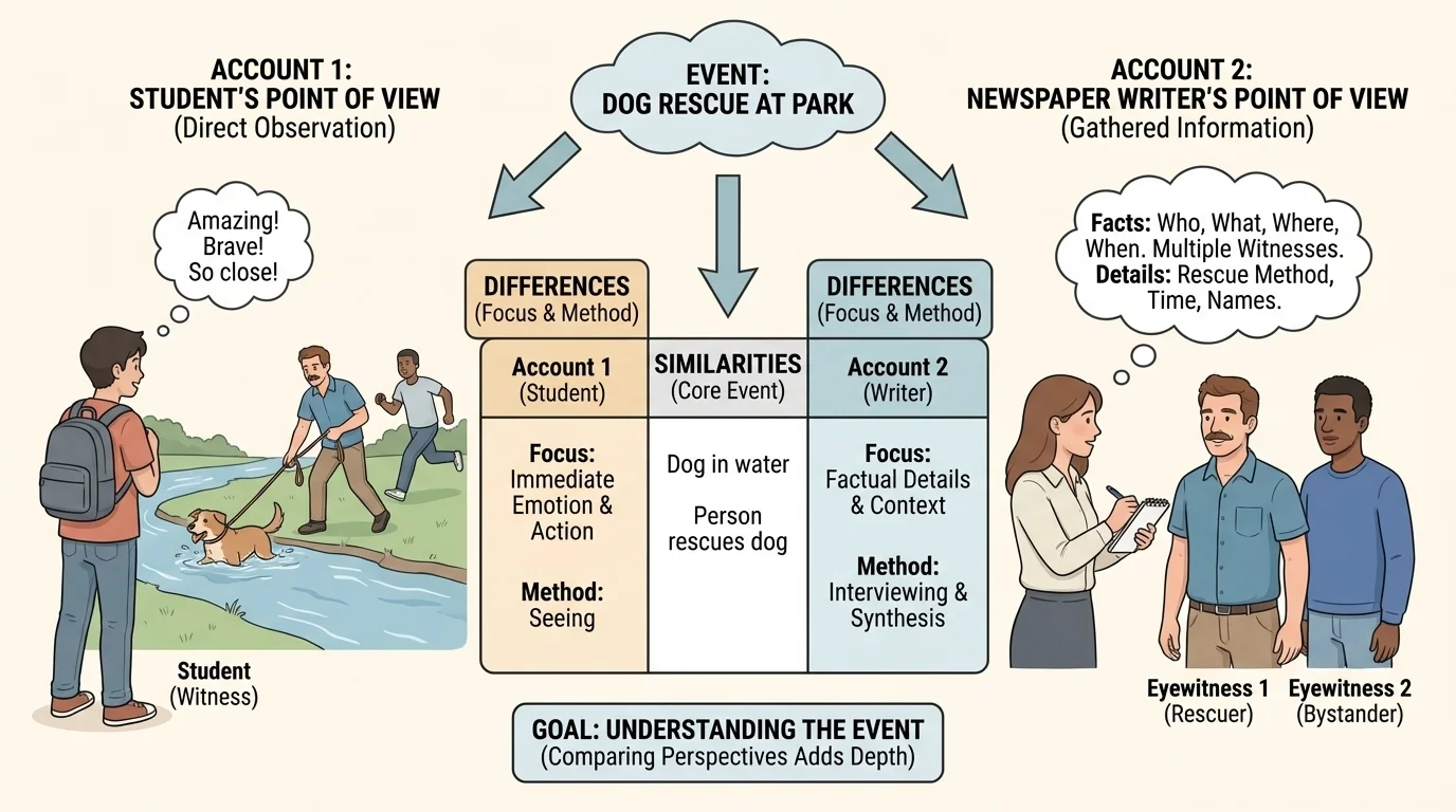 illustration of a student seeing a dog rescue at a park and a newspaper writer interviewing people afterward