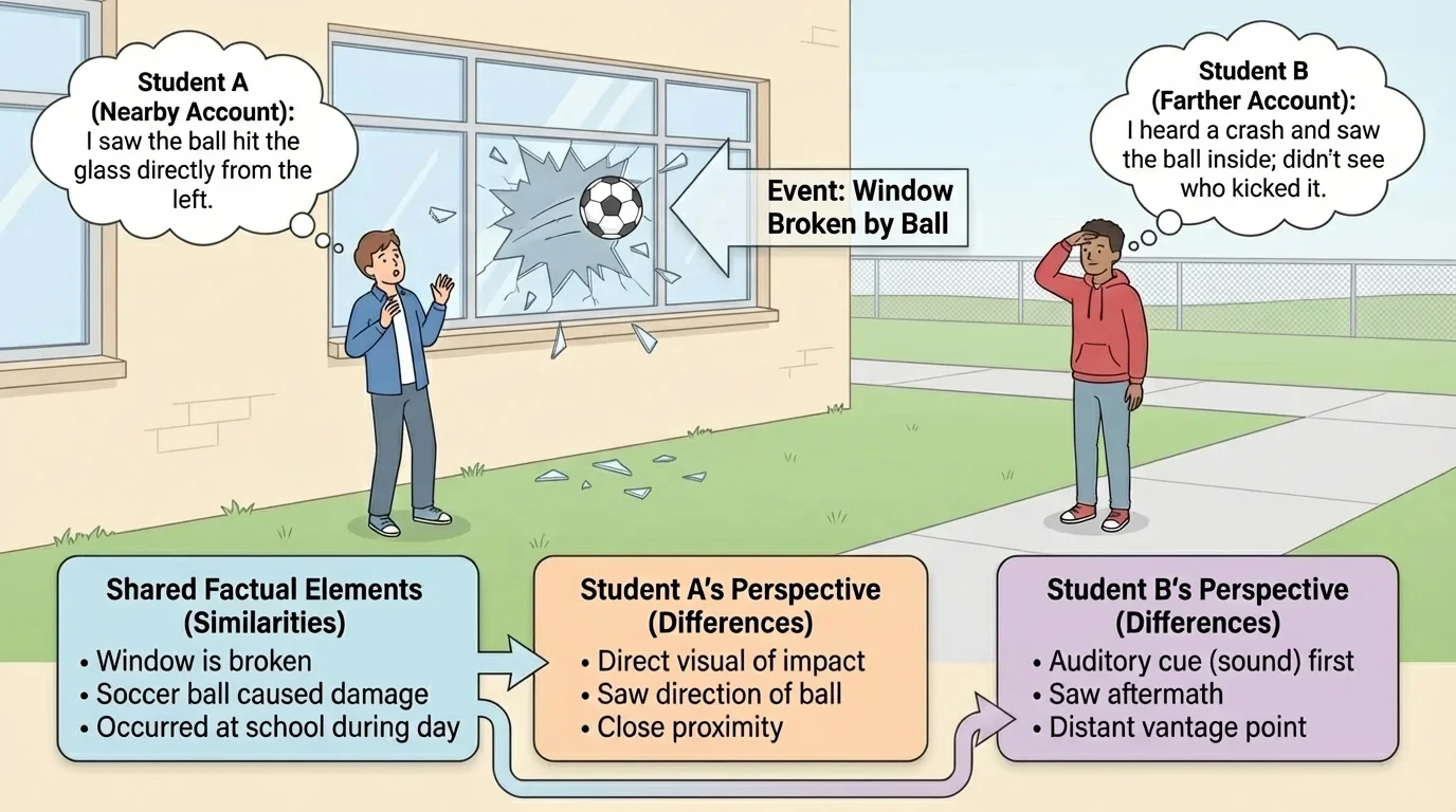 illustration of a soccer ball breaking a classroom window, with one student nearby and another watching from farther away