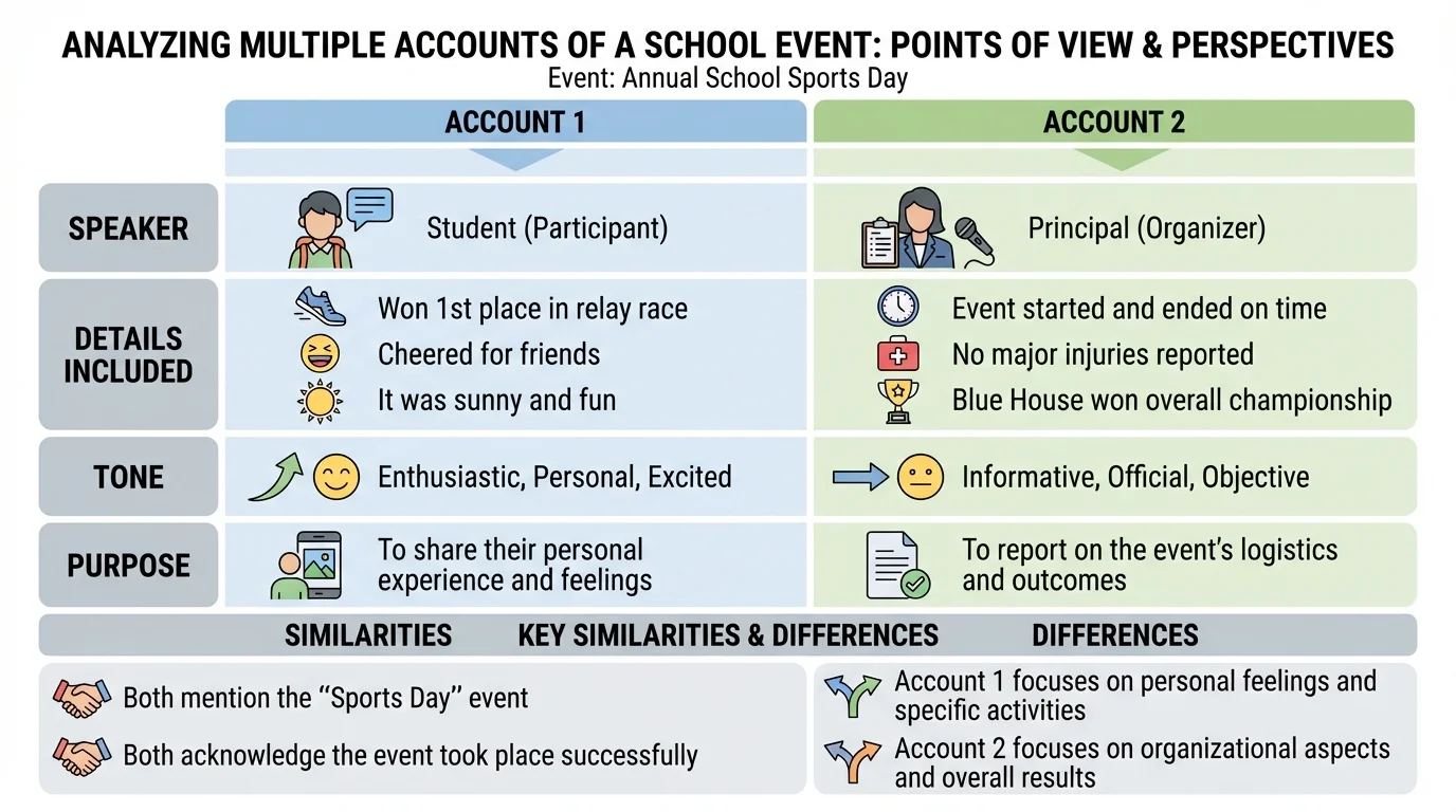 chart showing two short accounts of the same school event with rows for speaker, details included, tone, and purpose