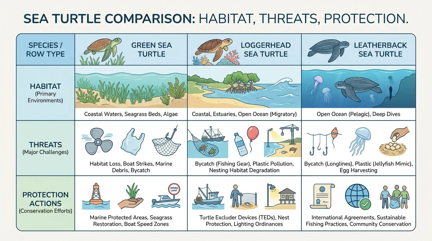 three-column sea turtle comparison chart with rows for habitat, threats, and protection actions