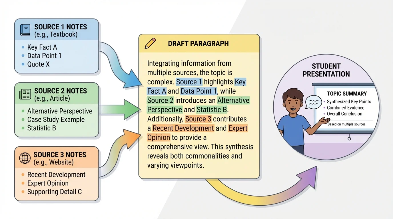 notes from three sources grouped into categories, then arrows leading to a paragraph draft and a student giving a short presentation