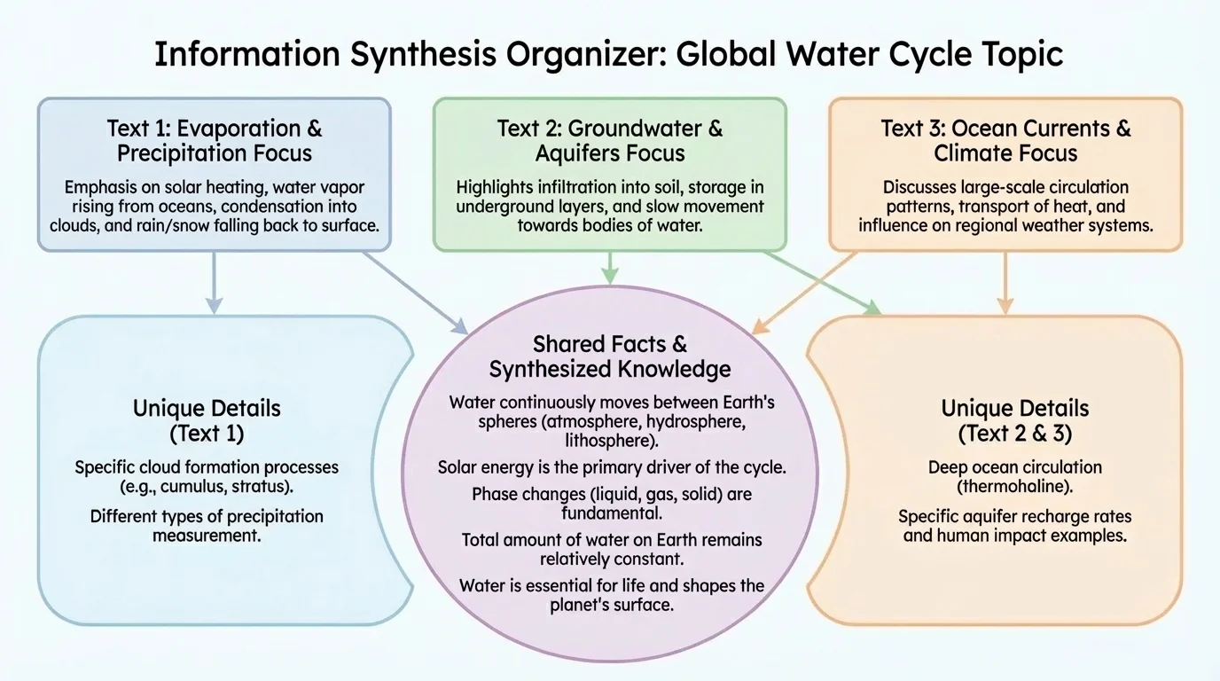 comparison organizer with three text boxes on one topic leading to a center area of shared facts and side areas of unique details